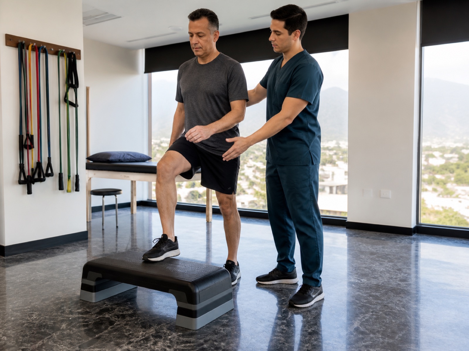 Terapeuta supervisando un ejercicio progresivo de fuerza para rodilla