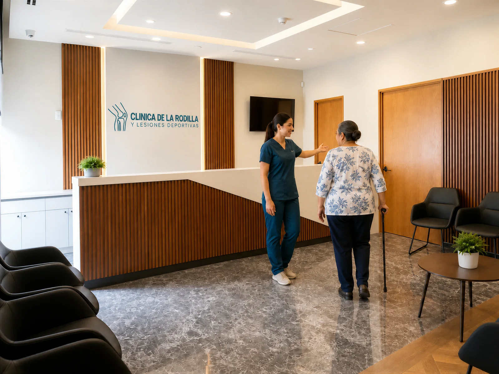 A team member walks with a patient at the clinic reception