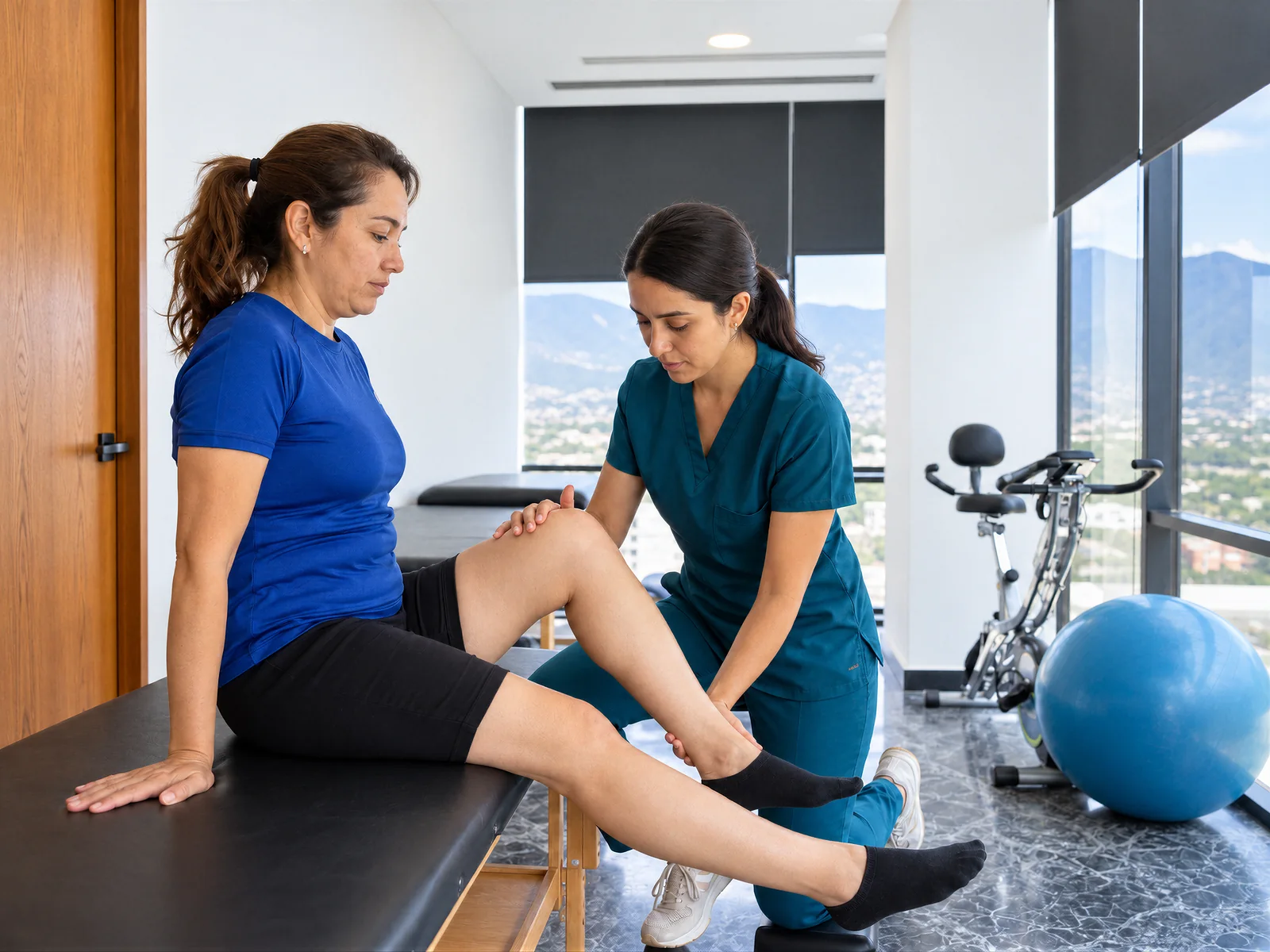 Rehabilitation room with an exam table, stationary bike and exercise ball, in front of a window overlooking the city