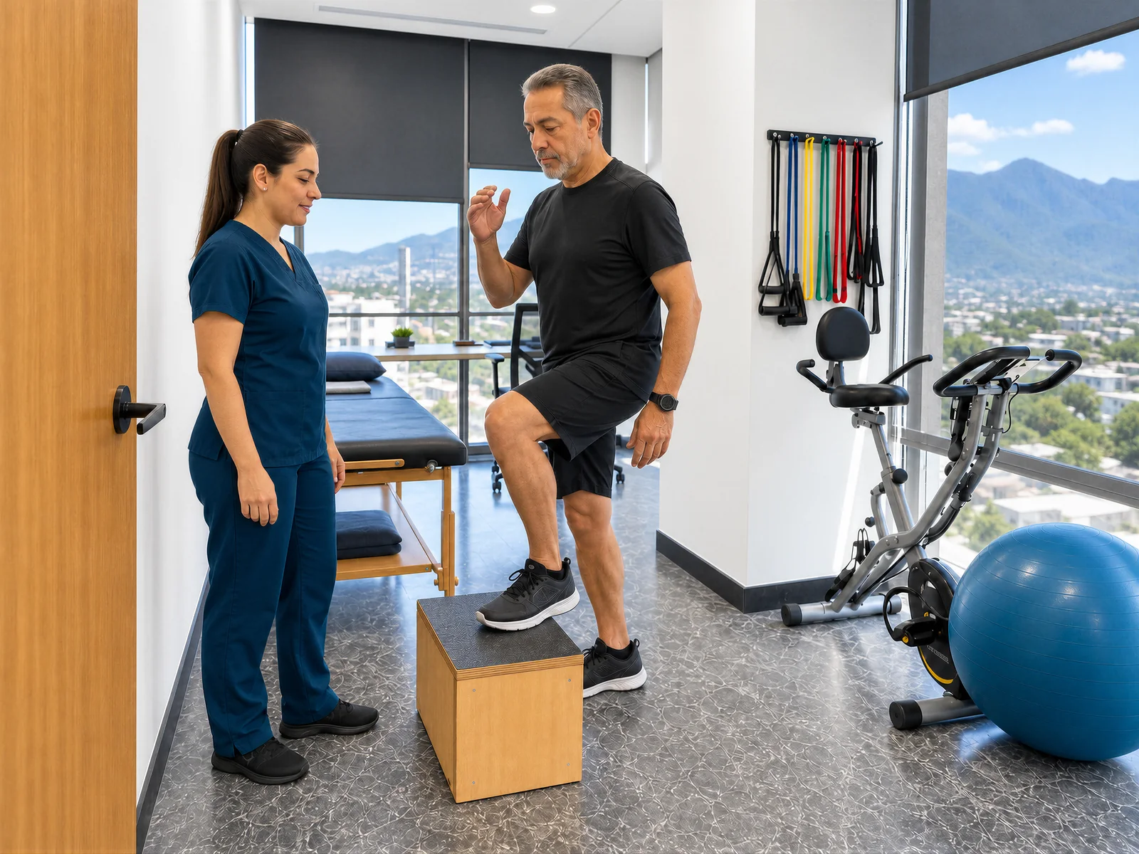 A therapist guides a patient through a balance exercise on a step, at the clinic