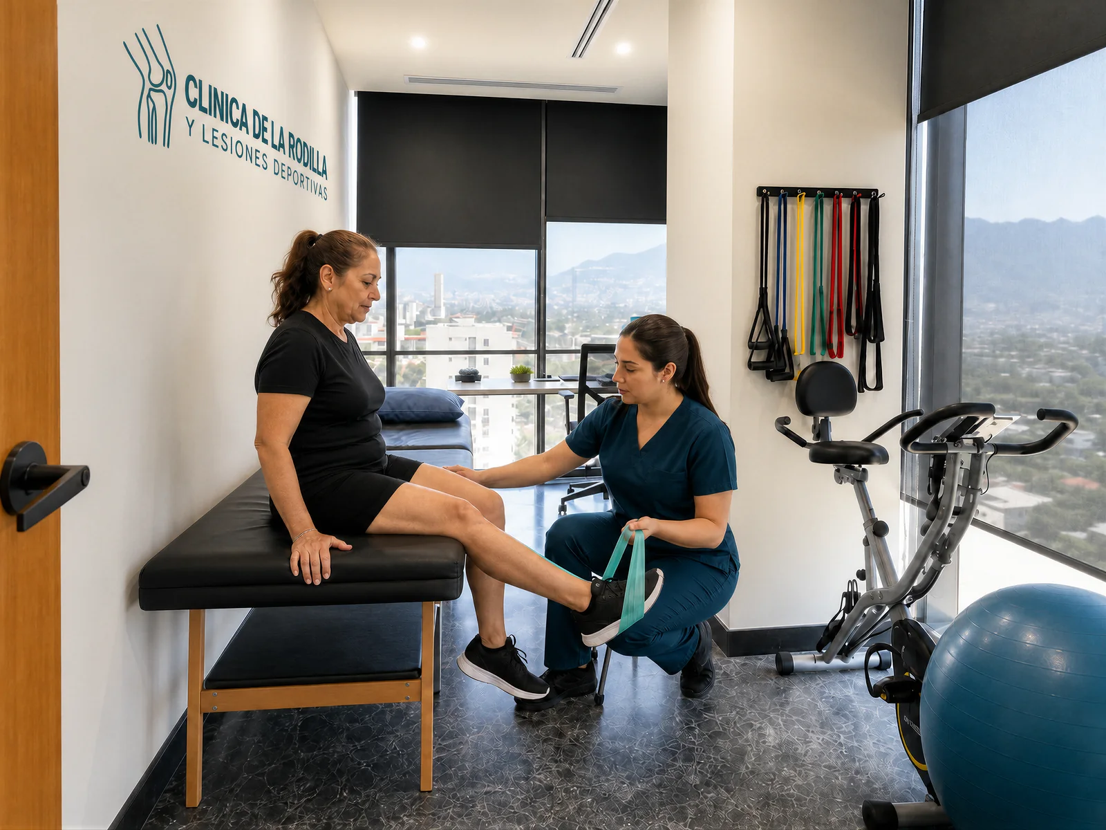 A therapist guides a band exercise for a patient seated on the exam table