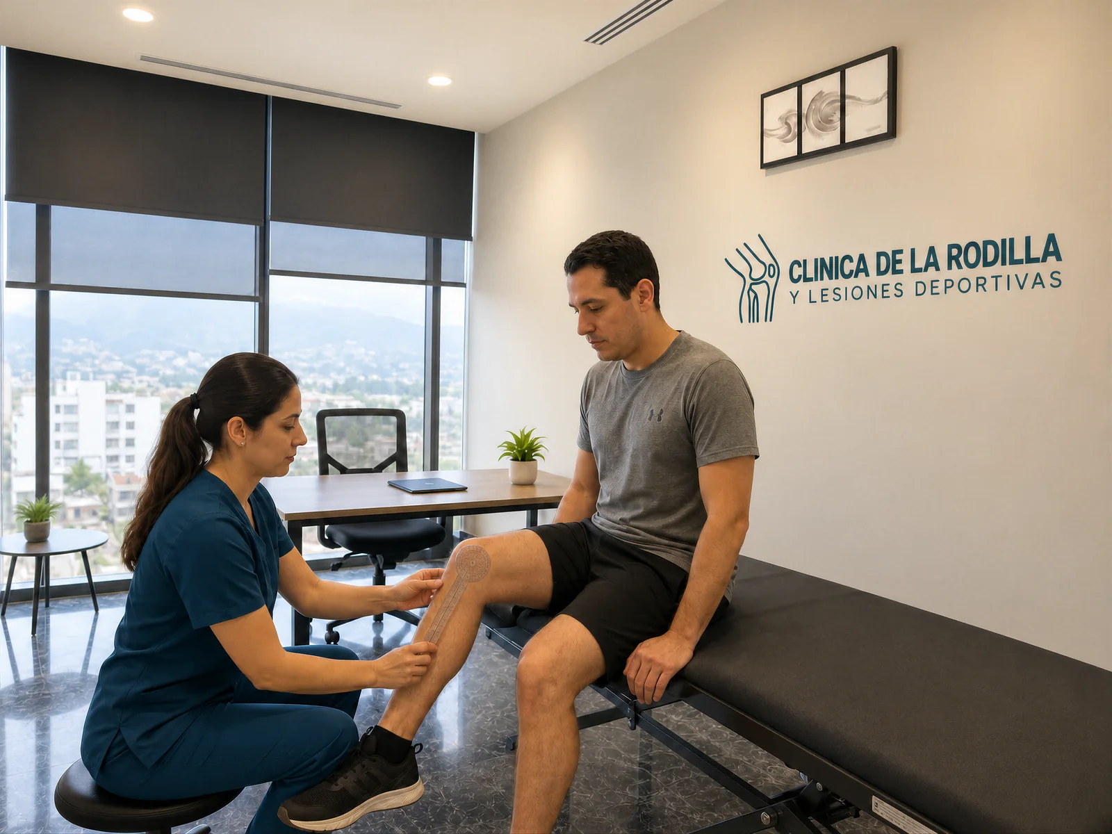 A therapist measures the mobility of a patient’s knee in the evaluation room